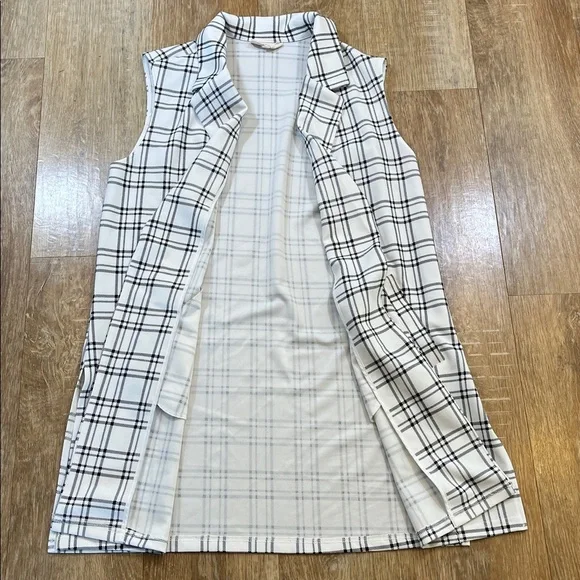 Melloday Longline Vest Windowpane Print White Black Open Front Medium M EUC - Picture 5 of 12